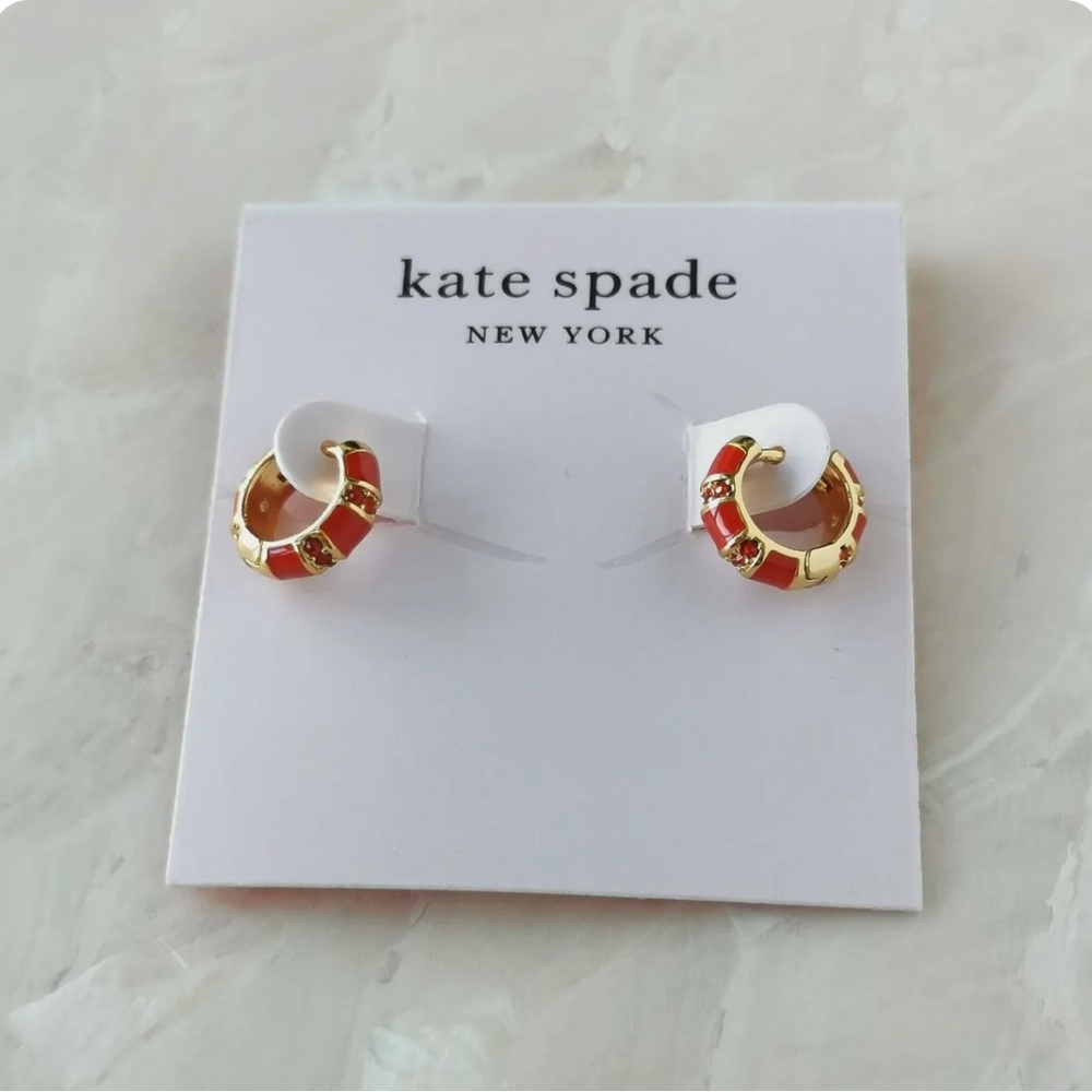 New Kate Spade "Rare Form" Striped Red & Gold Huggie Earrings